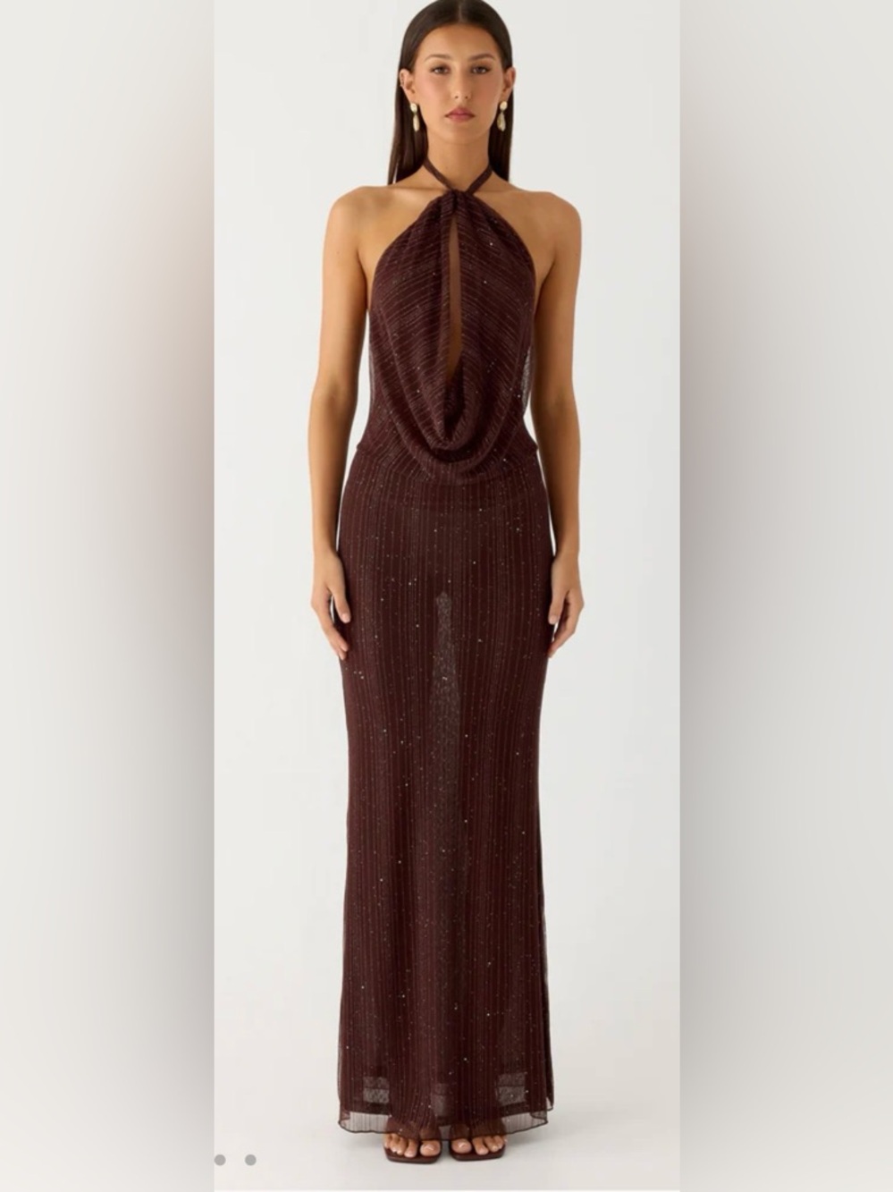 Peppermayo Chocolate Brown Beaded Backless Halter Gown